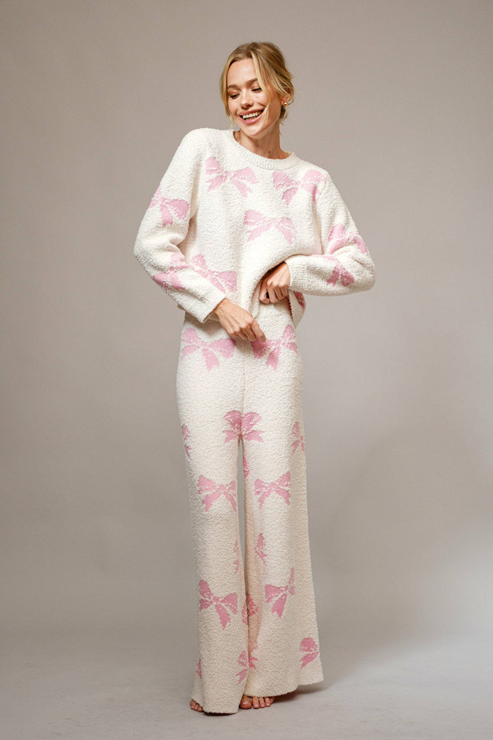36350SET - Bow Print Cozy Sweater Set: Taupe / M