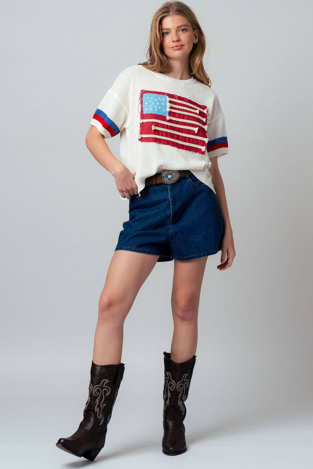 American Flag Applique Knit Sweater with Stripe