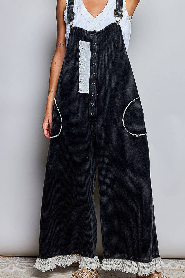 Thermal Cotton Lace Rib Placket Metal Snap Wide Leg Overall