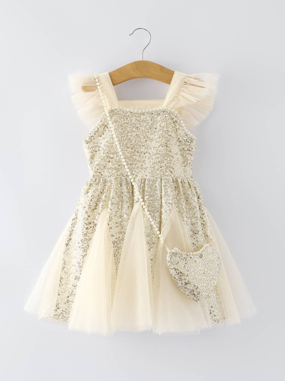 Sparkly Champagne Layered Party Girls Dress with Bag