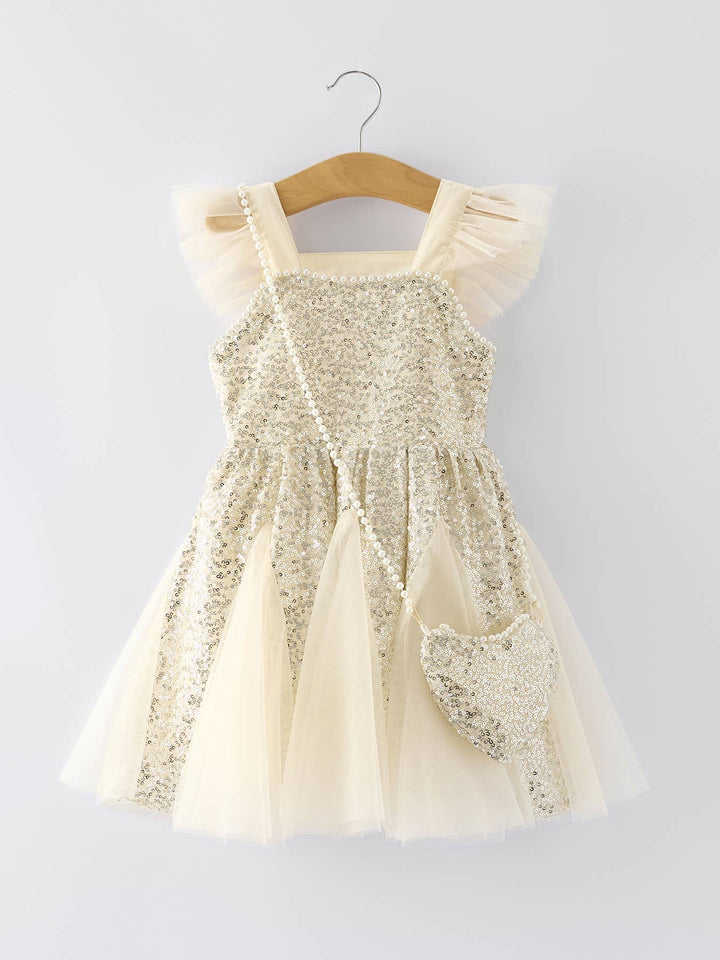Sparkly Champagne Layered Party Girls Dress with Bag