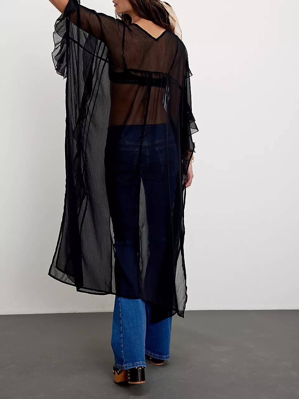 Boho lightweight sheer ruffle maxi top duster kimono jacket: OffWhite / M