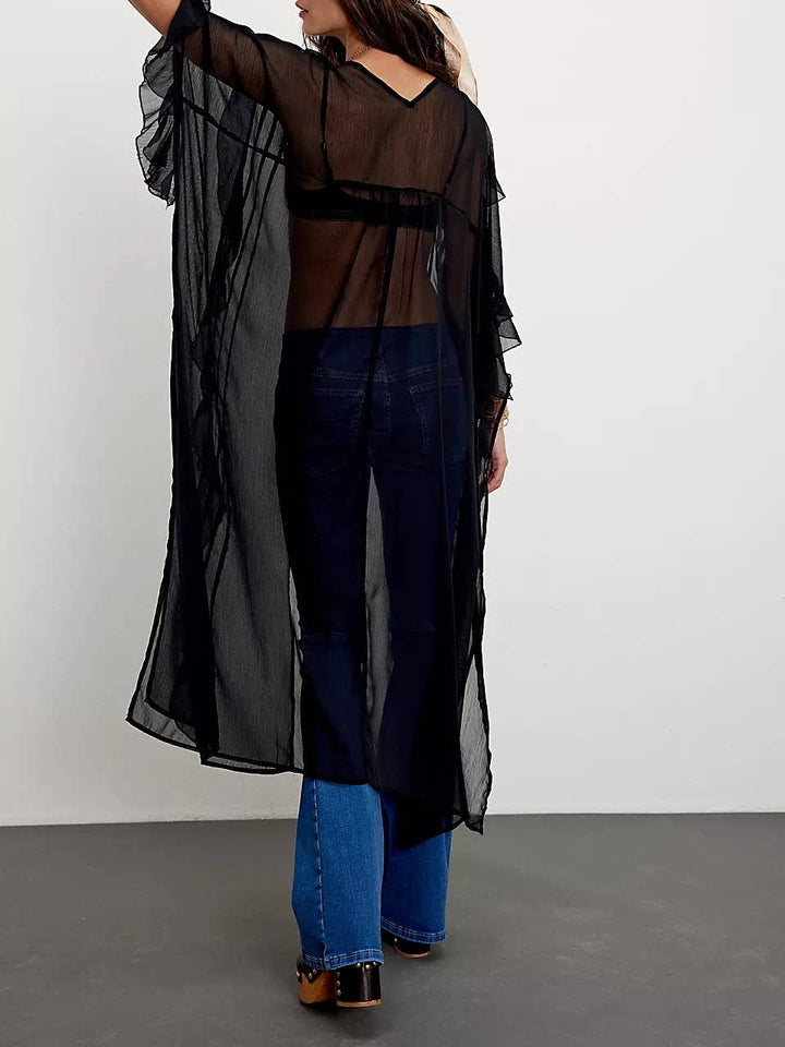 Boho lightweight sheer ruffle maxi top duster kimono jacket: OffWhite / M