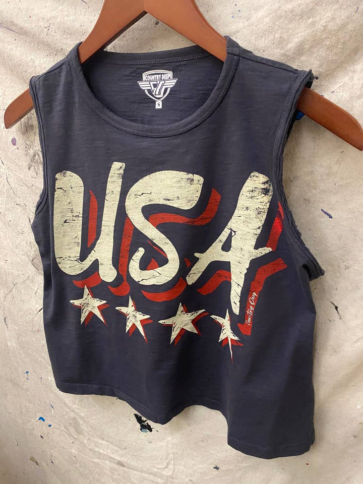 USA Vintage Muscle Crop Tee: Faded Black