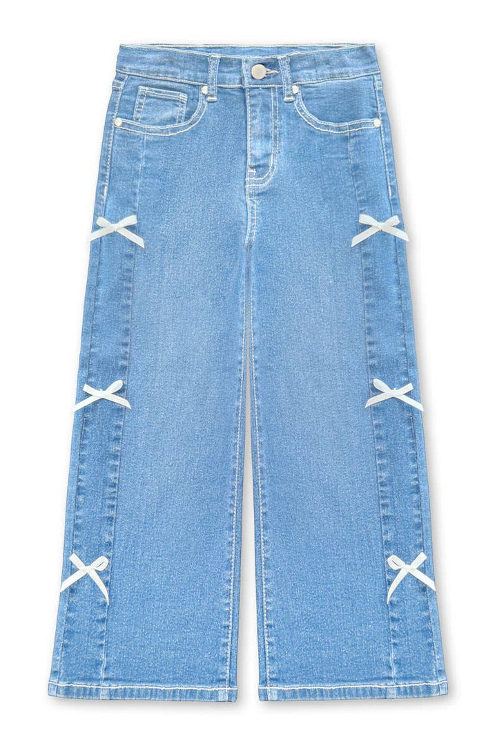 Girl's Wide Leg Denim Jean w/ Bows: Dark Denim / 8