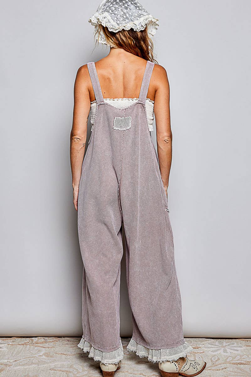 Thermal Cotton Lace Rib Placket Metal Snap Wide Leg Overall
