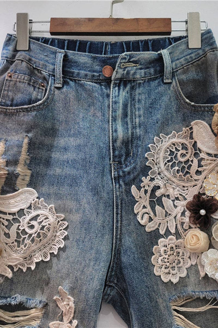 Floral Lace Embellished Denim Shorts: BLUE