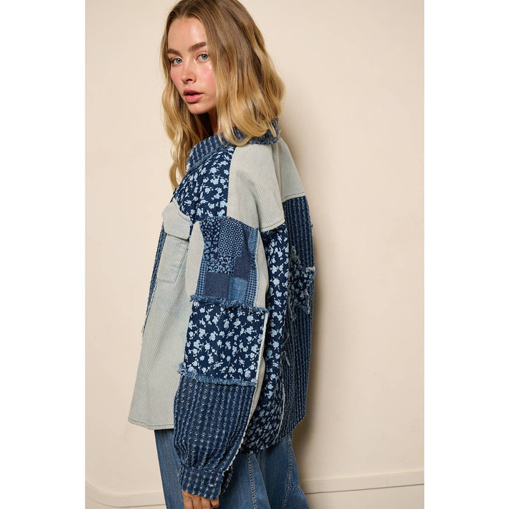 PATCHWORK MIX MEDIA PRINT OVERSIZED DENIM SHACKET