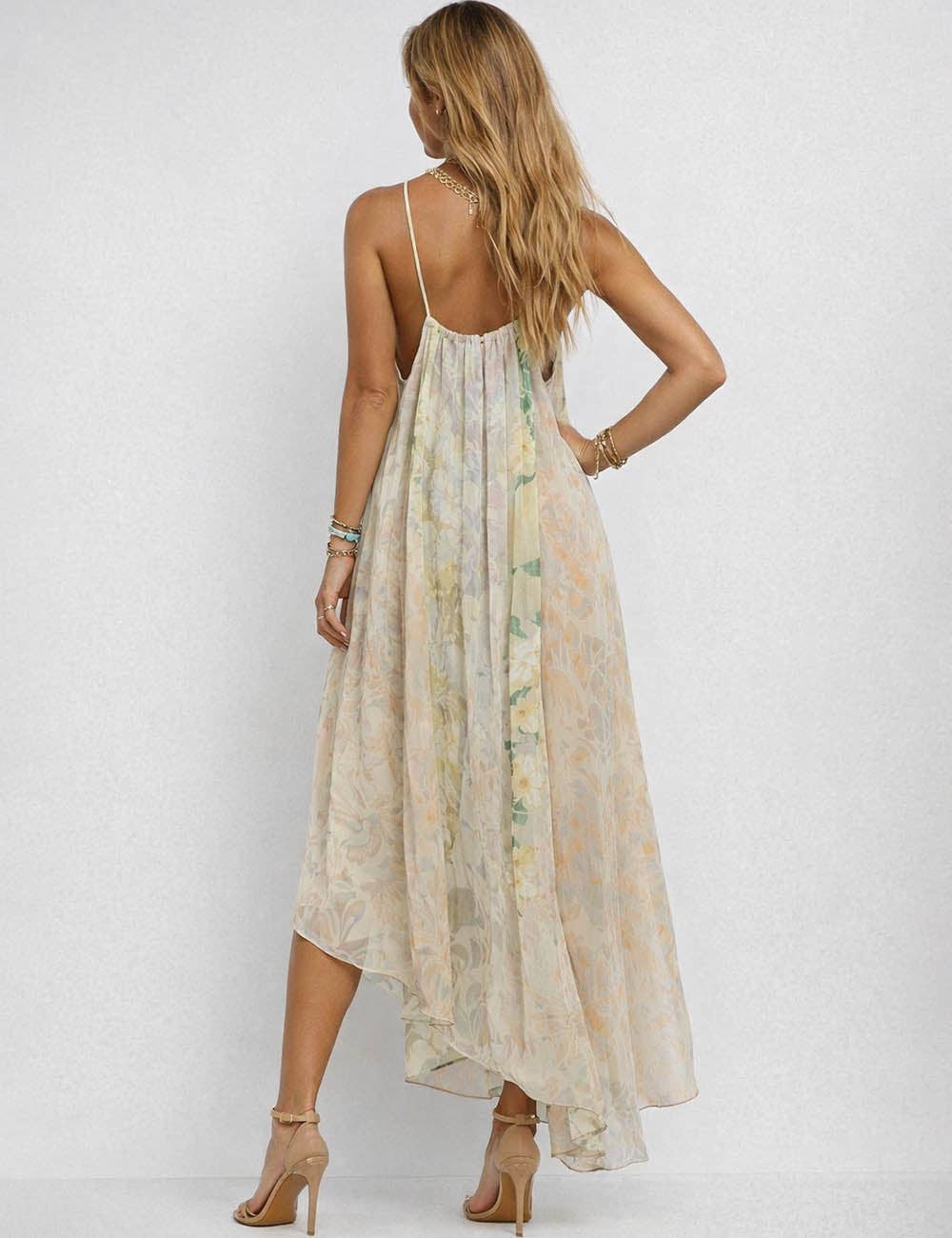 Ladies Floral Print Spaghetti Strap Chiffon Cami Maxi Dress