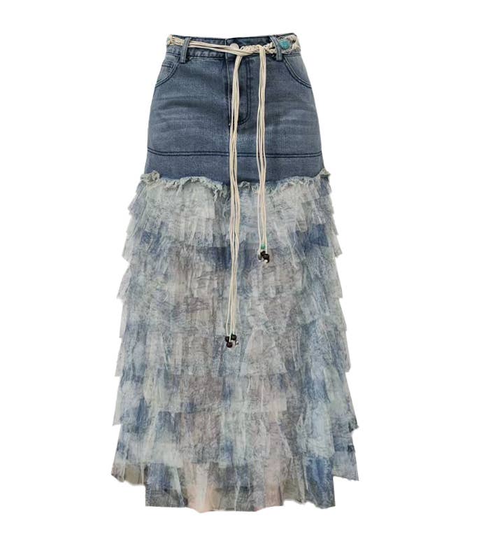 Ruffle Tiered Mesh Floral Panels Denim Cake Skirt:S
