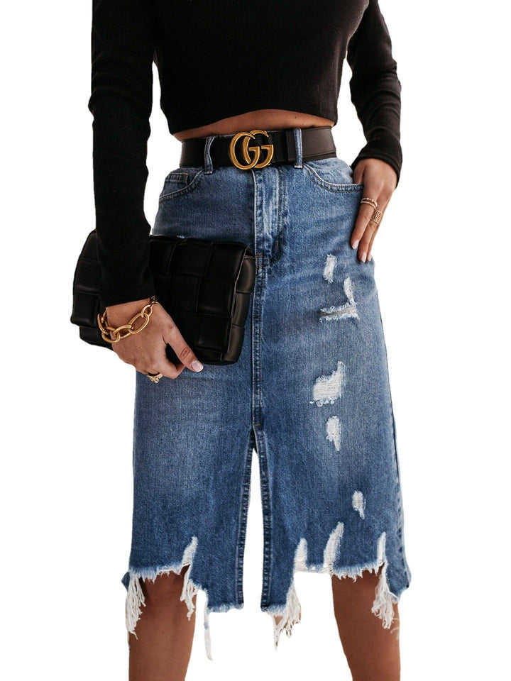 High Waist Distressed Split Daily Denim Midi Skirt SKS6697: S
