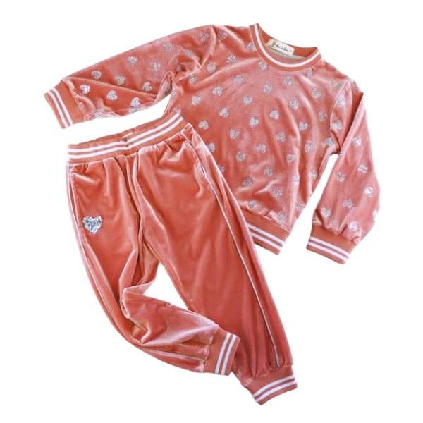 A30 14166 Silver Heart Velvet Tracksuit Set (2 Colors): CORAL / 2-2-2;4-5-6