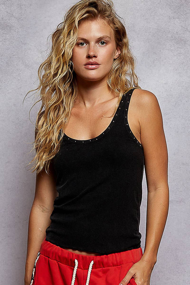 Sleeveless Ribbed Metallic Stud Basic Tank Top: WALES GREY