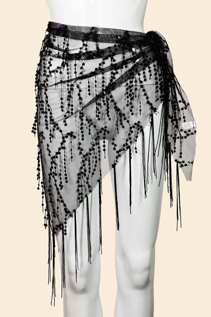 Sequin Fringe Mesh Sarong: BK