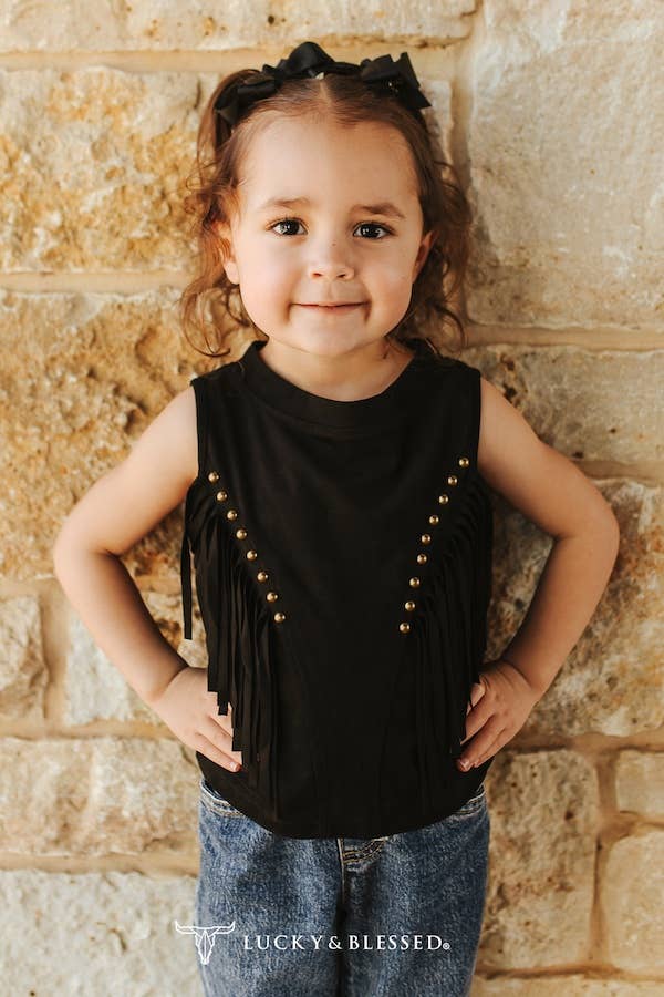Girls Black Suede Front Arch Fringe Top