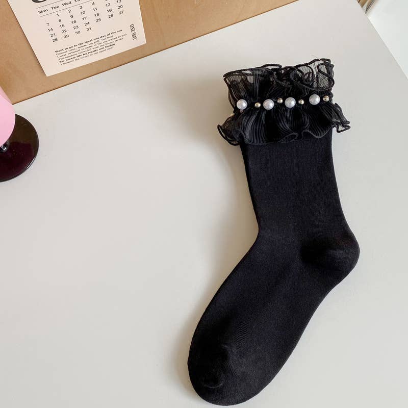 Women's cute lolita style lace socks lace mid-tube socks: White-A