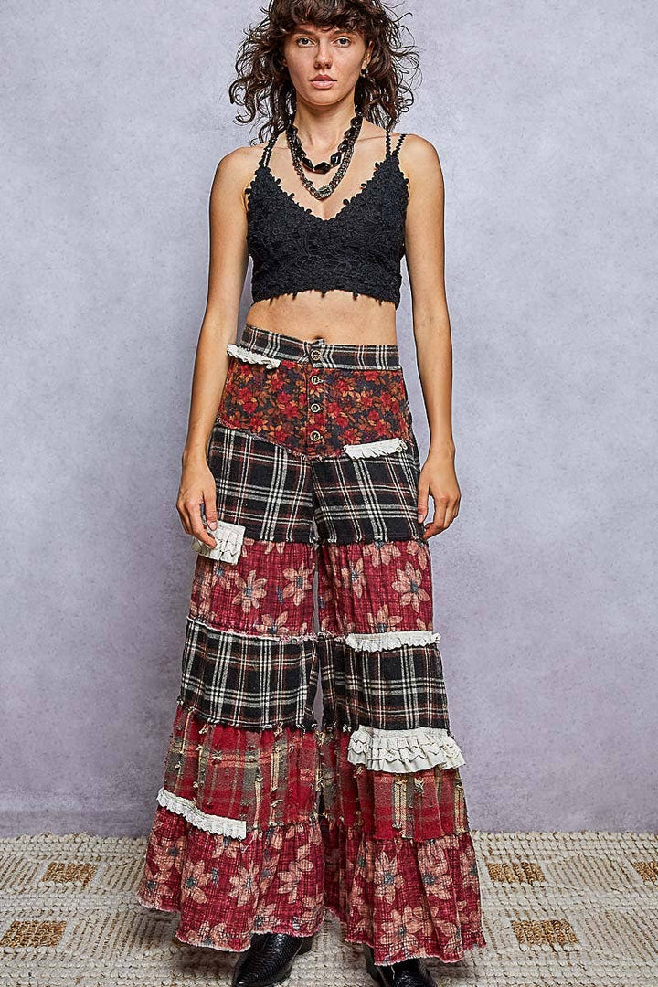 Floral Print Ruffle Trim Patchwork Plaid Wide Leg Pants