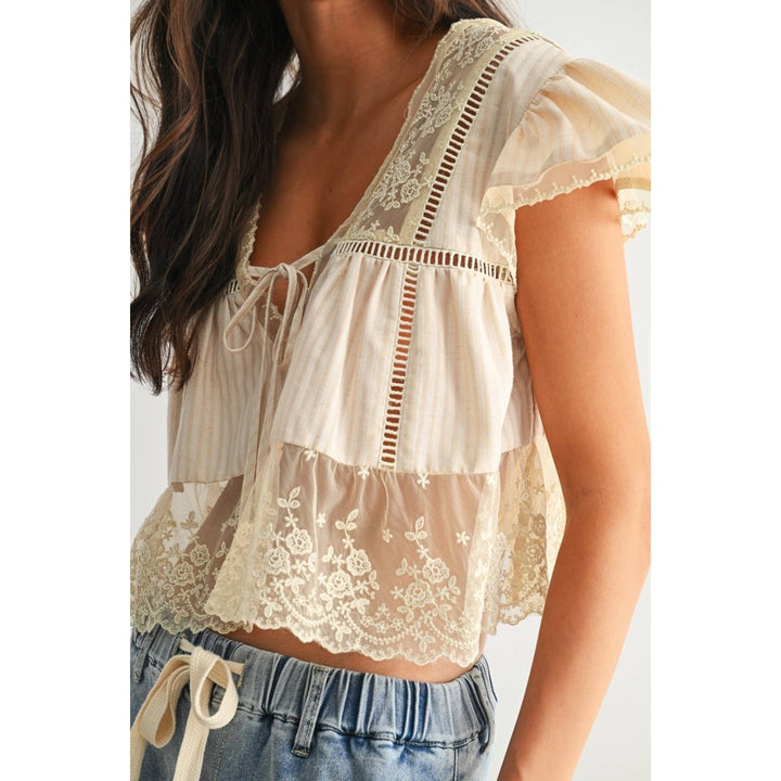 LACE-TRIMMED BLOUSE: SAND / S-M-L(3-2-1)