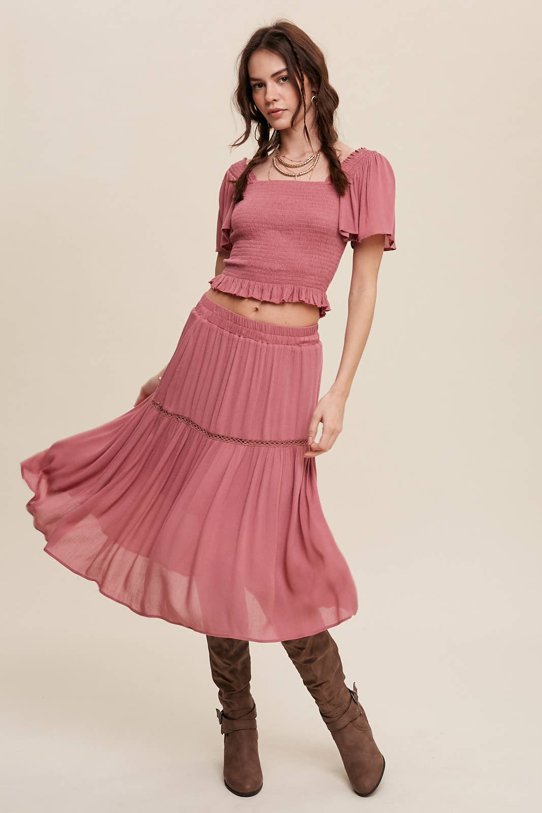 Smocked Crop Top & Tiered Midi Skirt Set: Gray