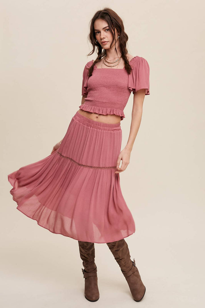Smocked Crop Top & Tiered Midi Skirt Set: Gray
