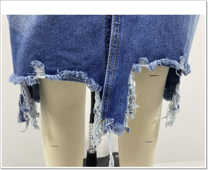 High Waist Distressed Split Daily Denim Midi Skirt SKS6697: M