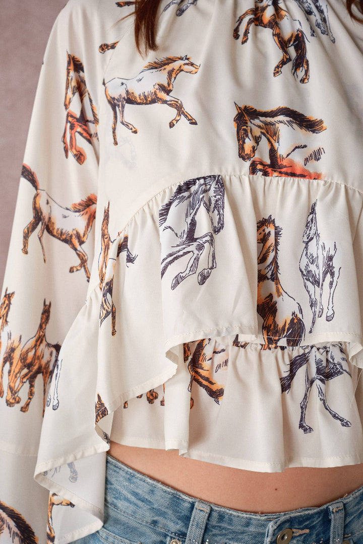 High Neck Horse Print Ruffle Blouse