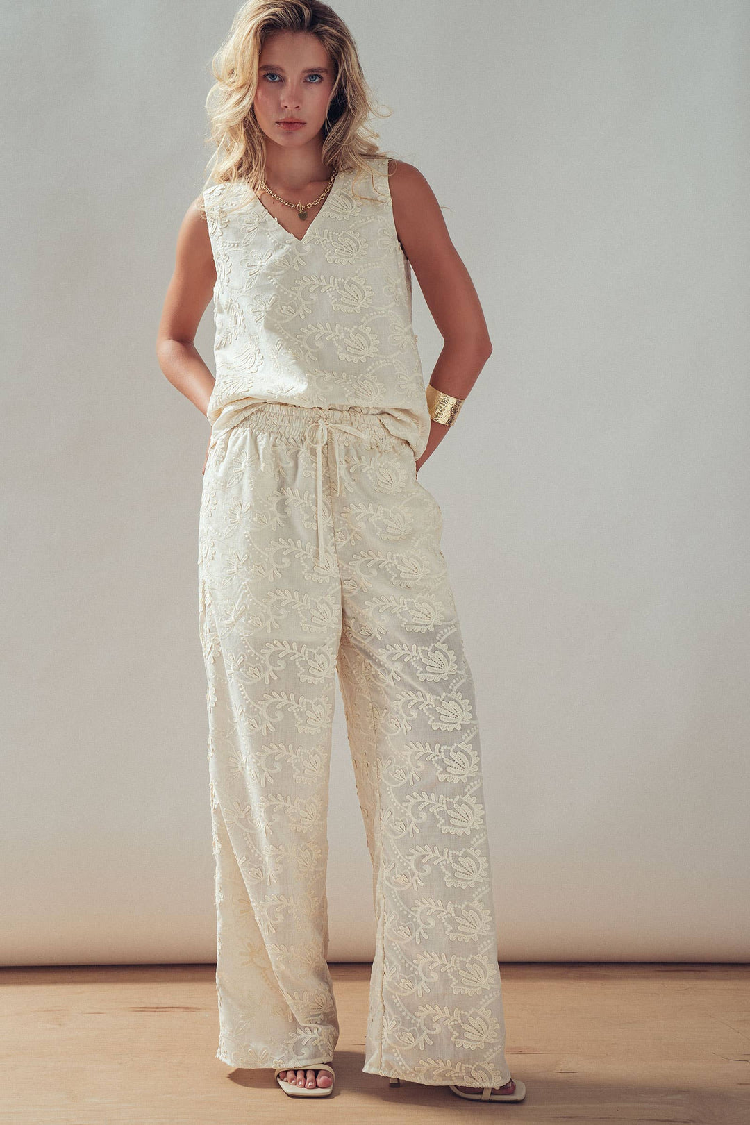 Floral Embroidered Cotton Top And Pant Set: IVORY