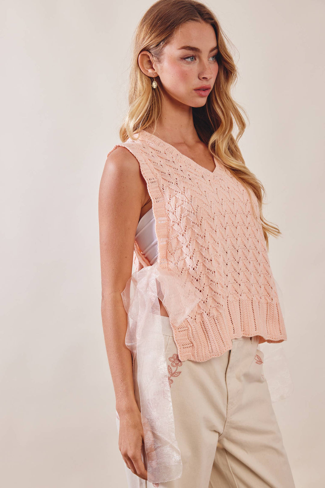 Pointelle Knit Ribbon-Tie Vest Top