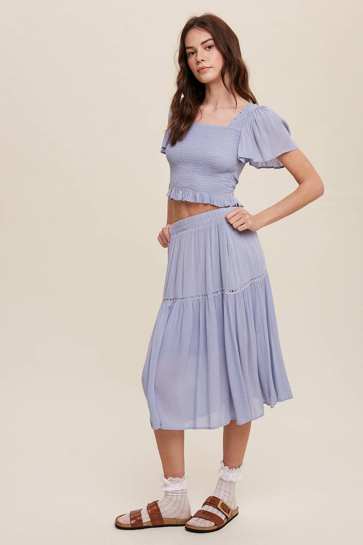 Smocked Crop Top & Tiered Midi Skirt Set: Gray