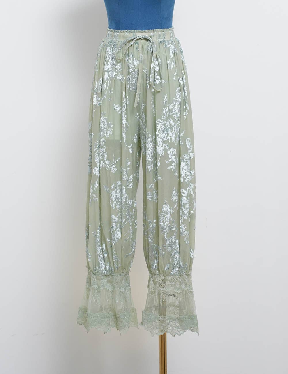 Ladies Lace Hem Floral Flocked Elastic Waist Lantern Pants