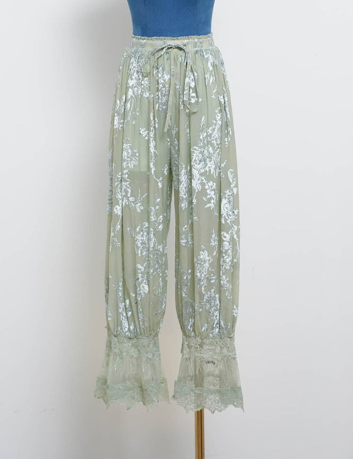Ladies Lace Hem Floral Flocked Elastic Waist Lantern Pants