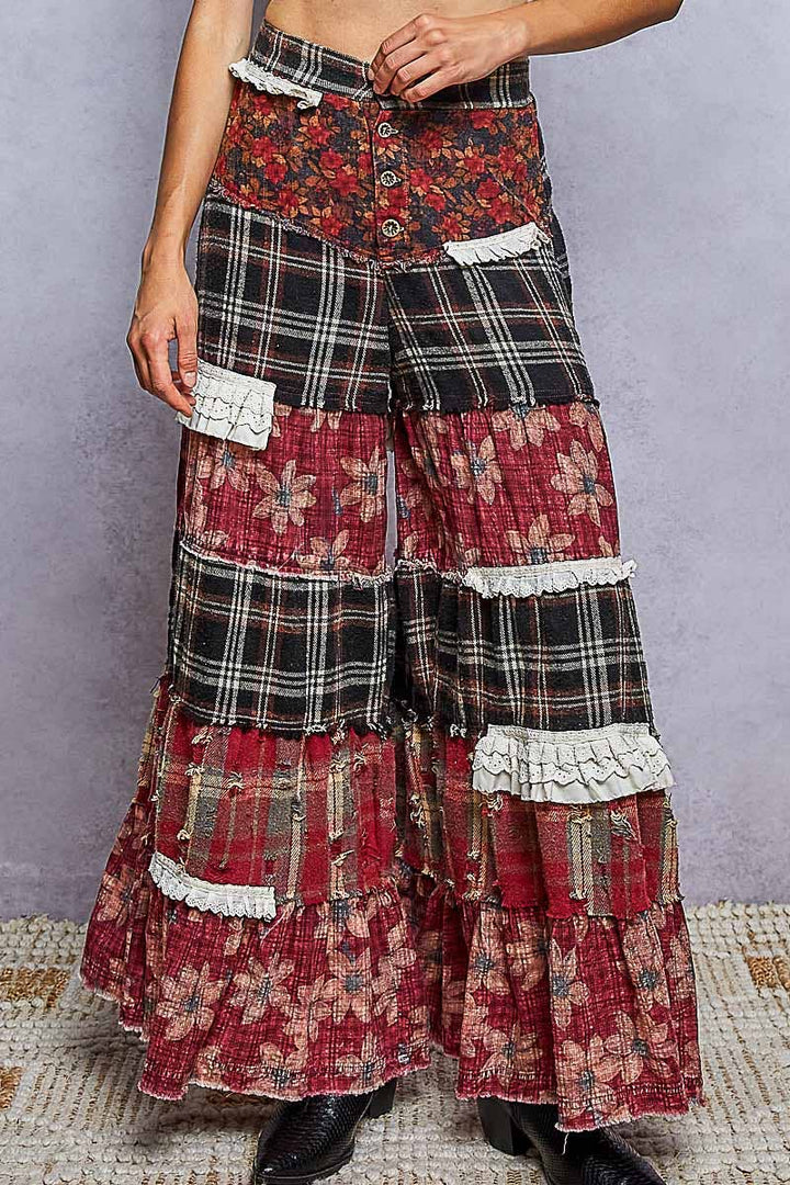 Floral Print Ruffle Trim Patchwork Plaid Wide Leg Pants