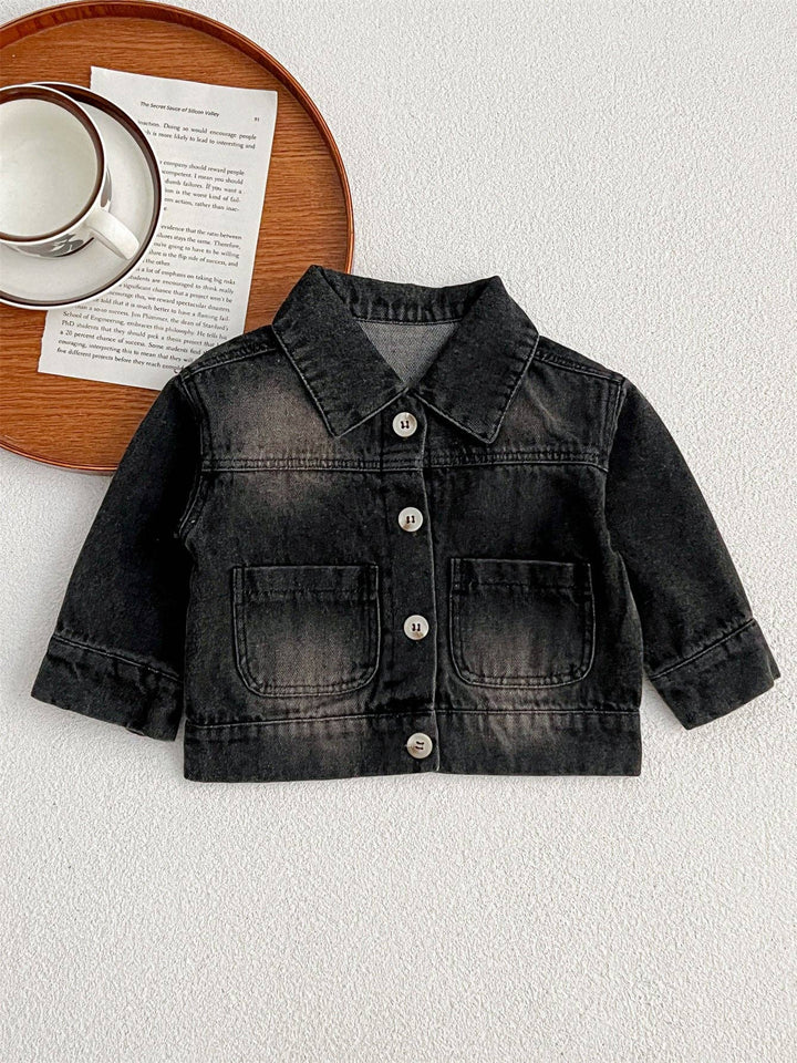 Baby Kids Button Front Design Washed Style Turndown Collar Denim Jacket Coat: Black / 110 (3-5Y)
