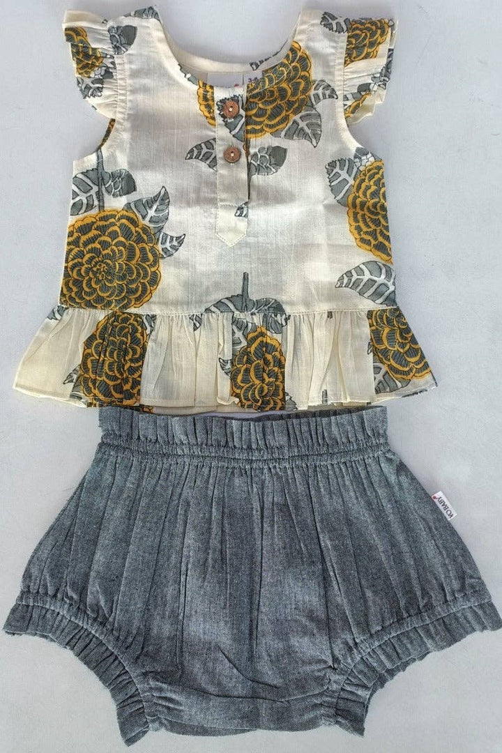 Mustard & Grey Floral Print Sleeve Ruffled Top & Black Chambray Kids Shorts Set