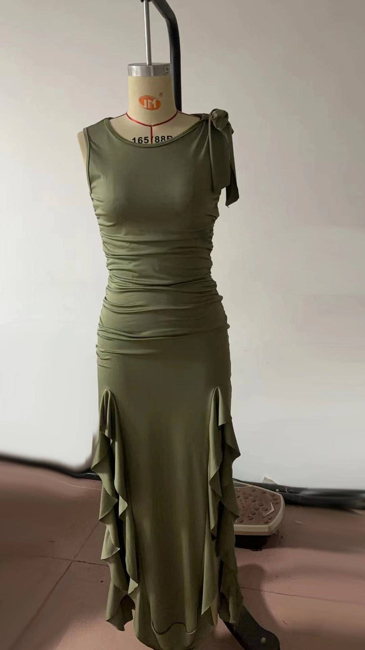 Western Cowgirl Coachella Ruffled Slit Dress: Black / M