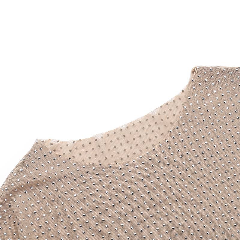 Sexy y2k rhinestone sheer top mesh long-sleeves shirt: Flesh / L