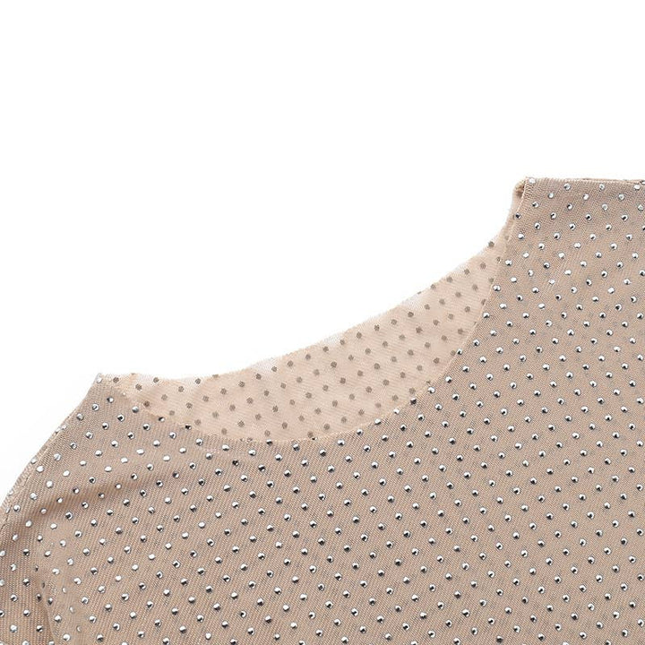 Sexy y2k rhinestone sheer top mesh long-sleeves shirt: Flesh / L