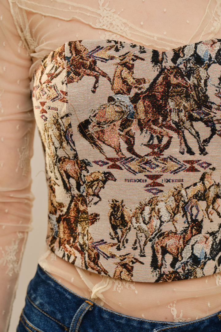 33158T - Horse Jacquard Lace-Up Corset Top: TAUPE MULTI / S-M-L (2-2-2)