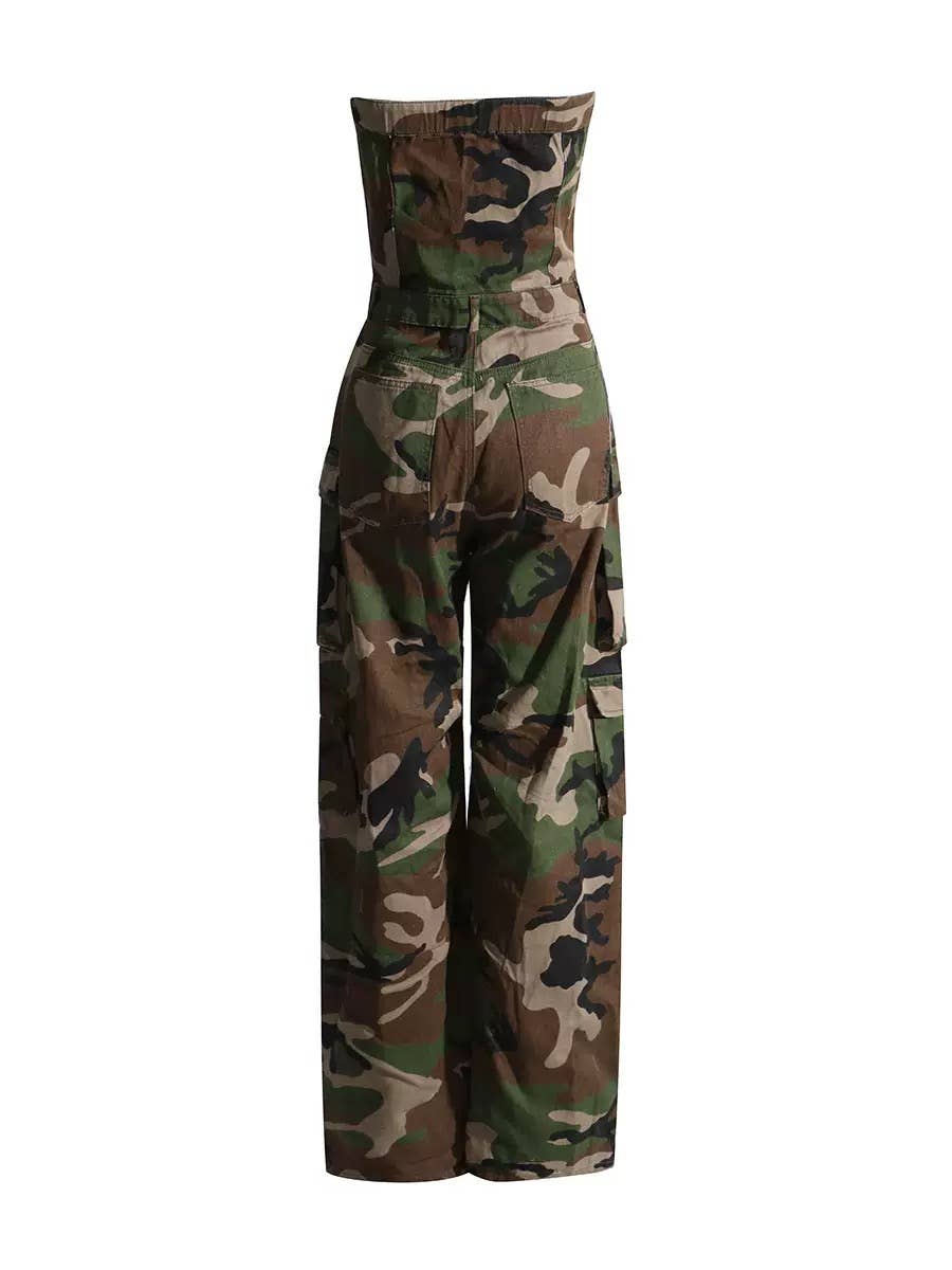 Camouflage Strapless Wide Leg Jumpsuit