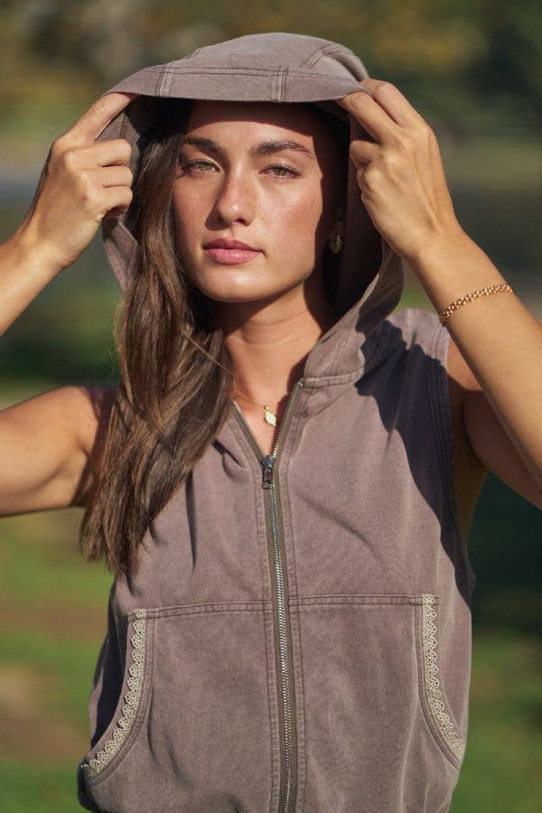 WASHED LACE TRIM HOODIE JOGGER JUMPSUIT