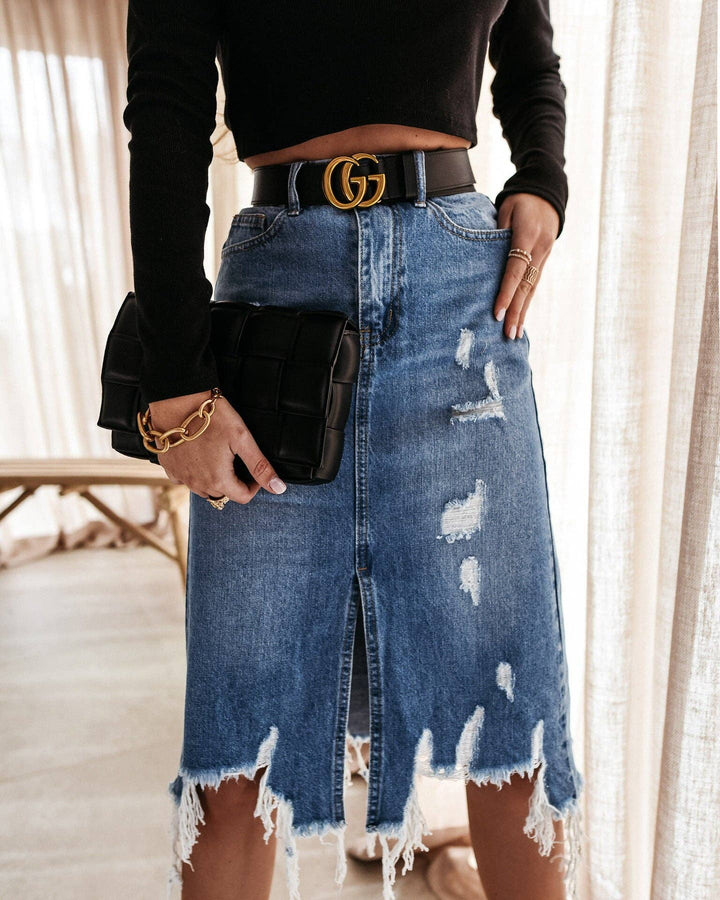 High Waist Distressed Split Daily Denim Midi Skirt SKS6697: L
