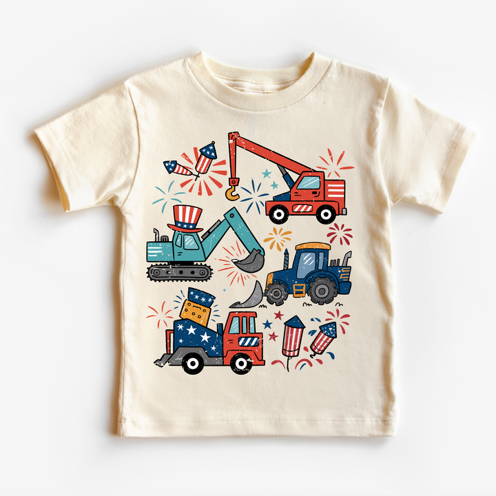 All American Construction Trucks Kids Shirt | 4th of July Boy Tee | Excavator Tractor Fireworks Shirt | Patriotic Toddler Tee: Natural Short Sleeve Tee