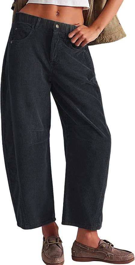Western Ankle length corduroy barrel pants: Charcoal / S