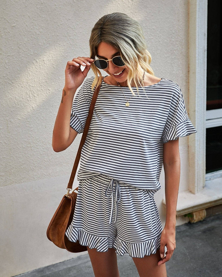 Striped Ruffle Lounge Set: Khaki / L