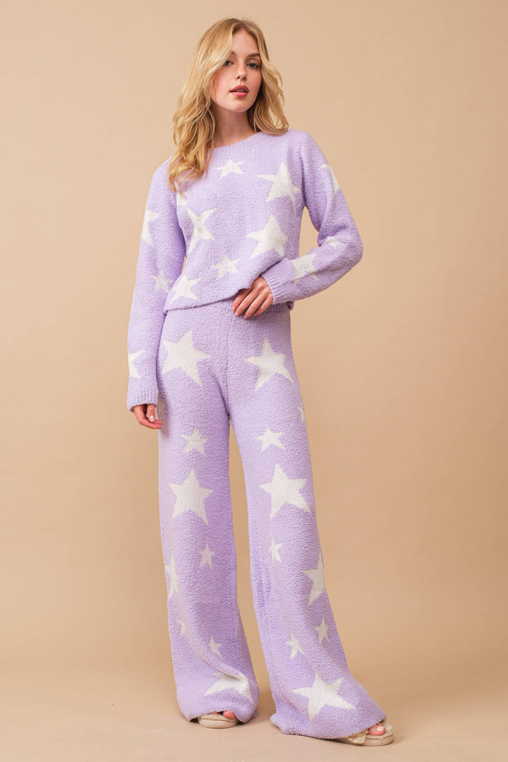34100SET-1  - Soft Cozy Star Print Sweater with Pants: HOT PINK / L