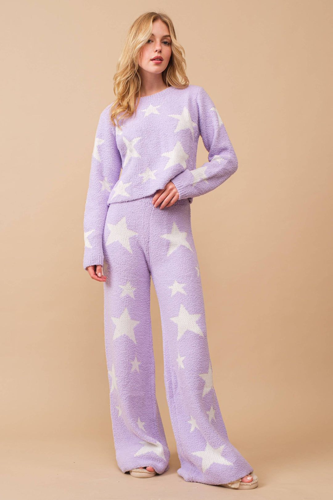 34100SET-1  - Soft Cozy Star Print Sweater with Pants: TAUPE / S