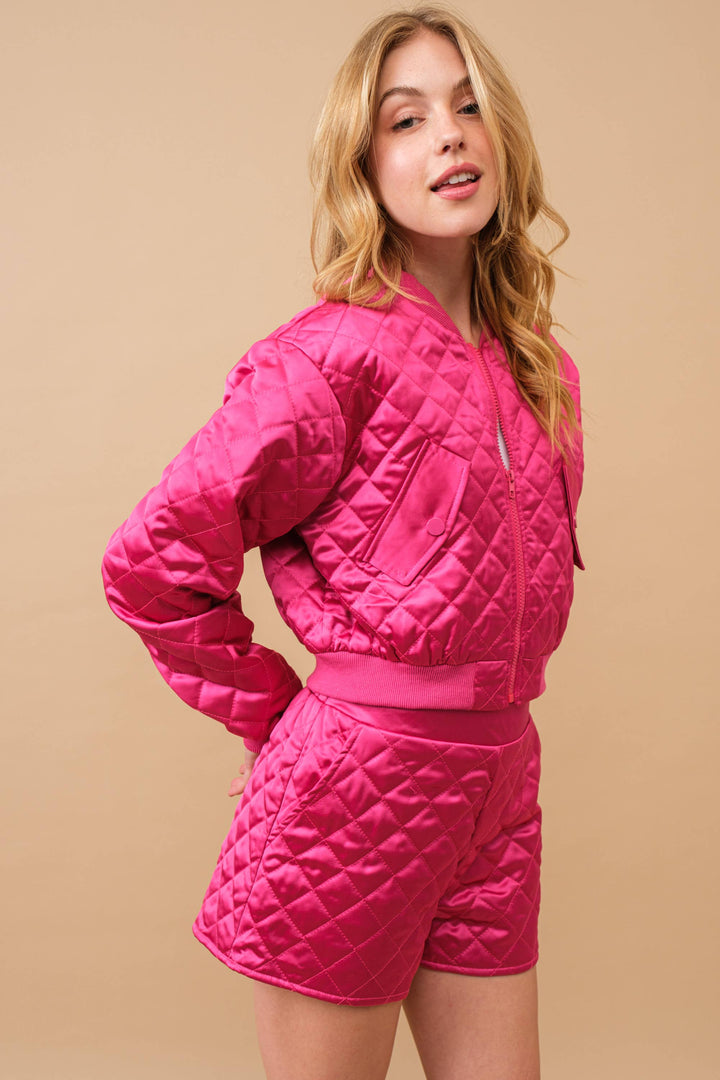 61234SET Quilted Crop Pocket Bomber Jacket w/ Matching Set: BROWN / S