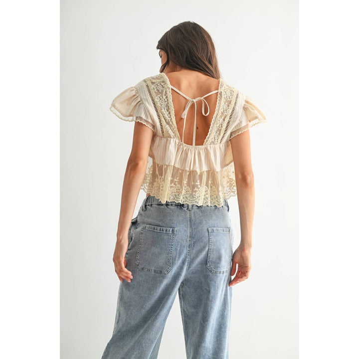 LACE-TRIMMED BLOUSE: SAND / S-M-L(3-2-1)