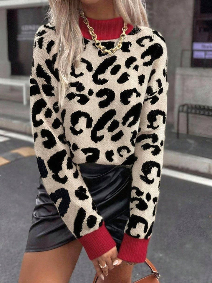 Contrast Trim Wild Leopard Print High Neck Sweater: Red / M