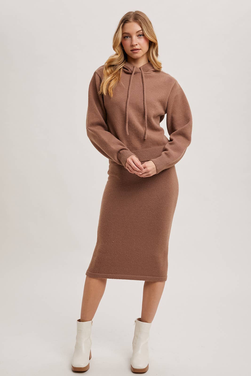 KNIT HOODIE TOP AND PENCIL SKIRT SETS: MOCHA / S